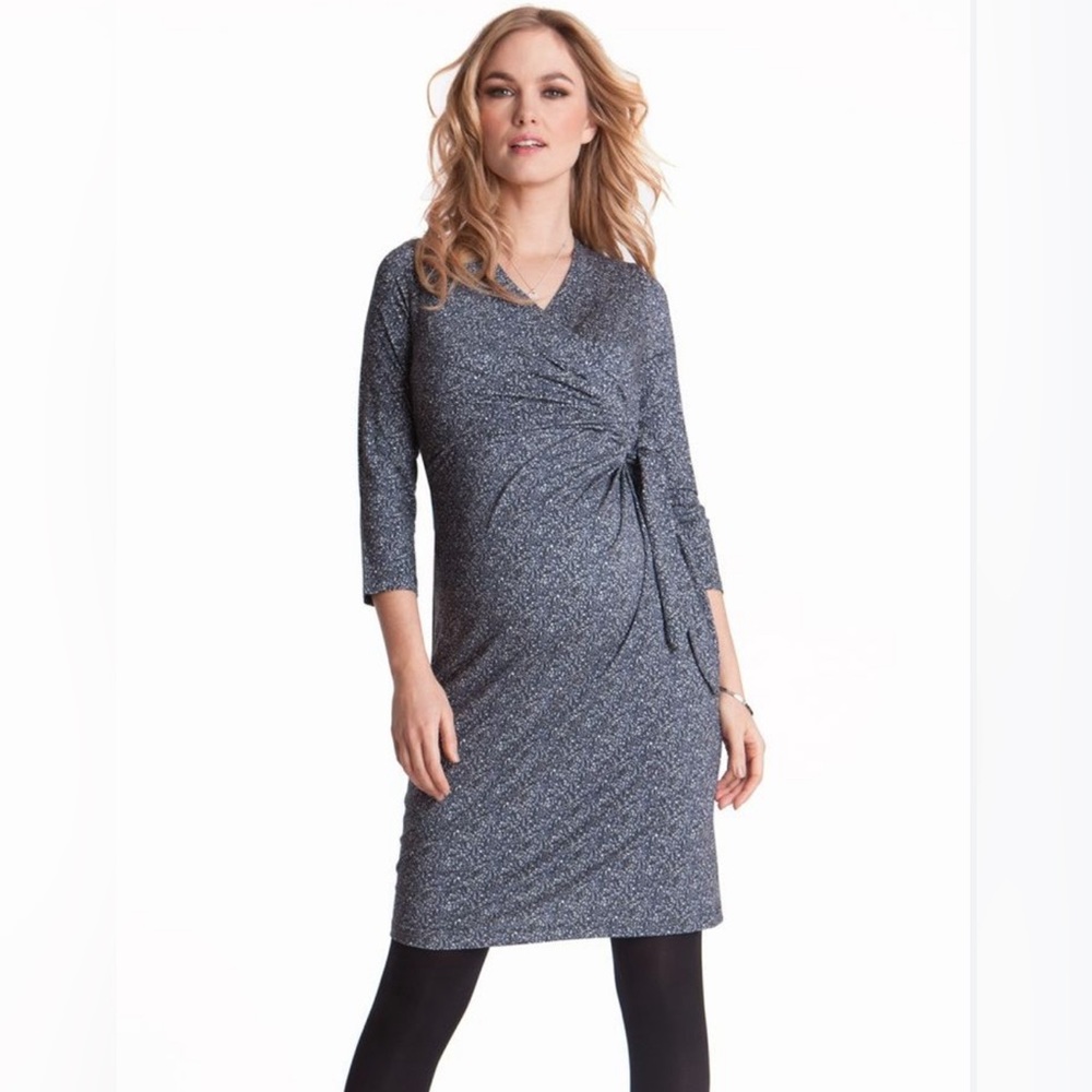 Seraphine Maternity Renata Faux Wrap Dress Pebble Blue Geometric Print Size 6